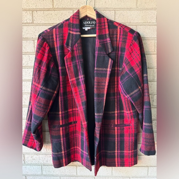 Vintage 80s Adolfo Oversized Plaid Blazer – Wool Blend, Red/Black, Size S - Picture 1 of 5